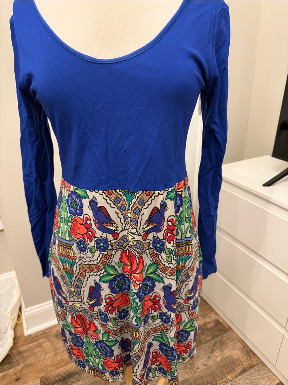 Judith March Royal Blue Long-Sleeve Dress with Floral & Bird Print Skirt